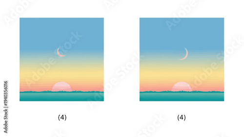 A serene landscape featuring a crescent moon and sunrise over the ocean on a calm day from a distant viewpoint with illustrations