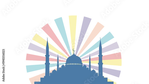 Majestic mosque silhouette against vibrant multicolored rays, a symbol of faith and diversity
