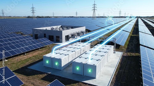 Solar farm generating electricity with battery storage system in a vast field