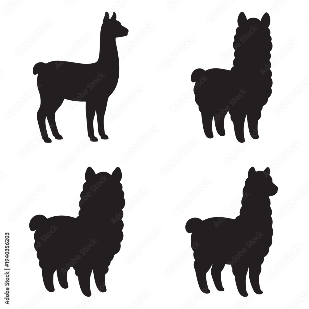Naklejka premium Four Llama Silhouettes Standing on White Background Front and Side Views Minimalist Stock