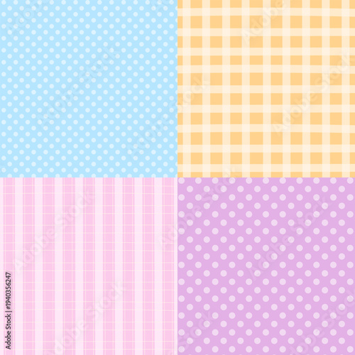 Four set of background designs with polka dot and checked pattern for wallpaper, backdrop, ad template, frame, paper design, social media post, poster, sticky note, fabric print, bed sheet, textile