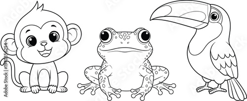 Cute jungle animals coloring page for kids featuring a happy baby monkey sitting frog with spots and a tropical toucan bird cartoon illustration.