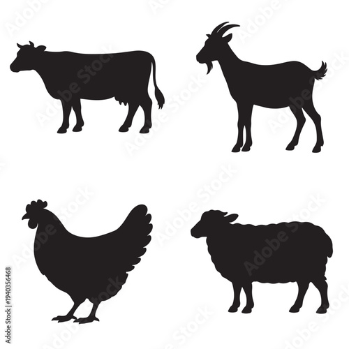 Farm Animals Silhouette Collection Cow Goat Chicken Sheep Isolated on White Background