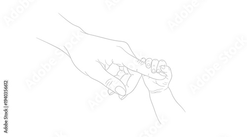 Minimalist line art illustration showing a mother gently holding a newborn baby’s hand.