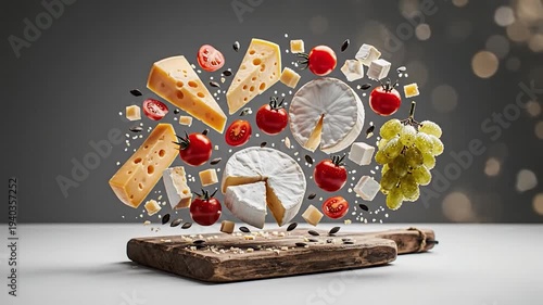 Assorted cheeses tomatoes grapes ingredients floating above wooden cutting board fresh food arrangement