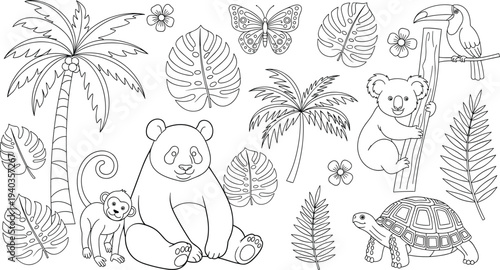 Cute tropical jungle animals coloring page for kids featuring a giant panda koala monkey toucan and tortoise among palm trees and exotic monstera leaves