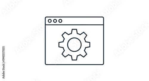 Simple line icon of browser window with gear symbol.