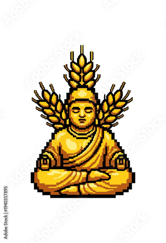Golden buddha statue pixel art with wheat stalks on black background