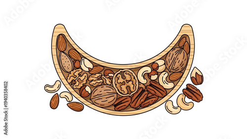 Assorted nuts and seeds in a crescent-shaped bowl, a vibrant display of healthy snacks from a top view