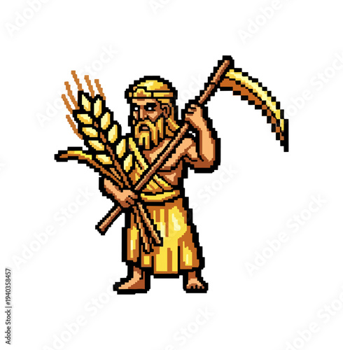 Pixelated depiction of a male figure holding wheat and a scythe
