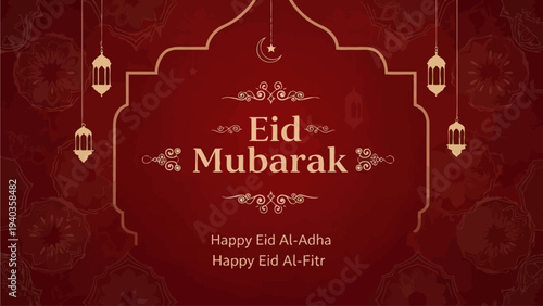 Eid Mubarak celebration with golden lanterns hanging from an intricate design on a red background