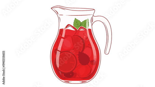 A refreshing pitcher of fruit infused drink with cherries and mint leaves, illustration