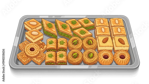 Assorted pastries and sweets arranged on a silver tray, showcasing various shapes and designs, viewed from directly above in a digital illustration