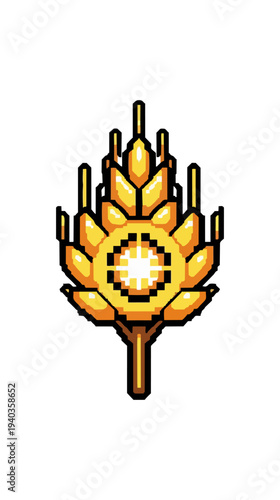 Pixelated golden wheat stalk with starburst center on black background