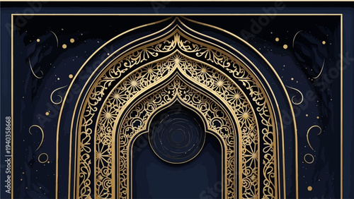 An ornate gold archway with intricate designs and patterns on a dark blue background, viewed from the front