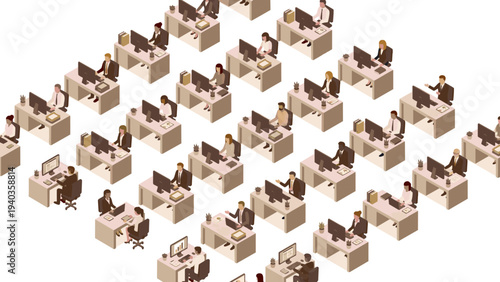Isometric illustration of business people working in a modern open plan corporate office.