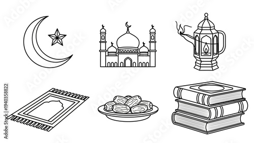 Illustration of Islamic symbols including crescent moon, mosque, lantern, prayer mat, dates, and books on a white background