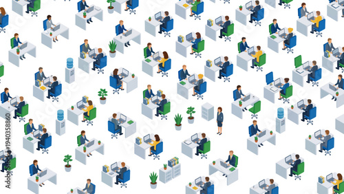 Isometric illustration of business people working in a modern open plan corporate office.