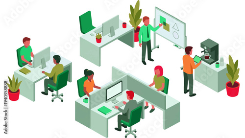 Isometric illustration of business people working in a modern open plan corporate office.