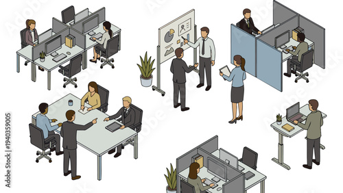 Isometric illustration of business people working in a modern open plan corporate office.
