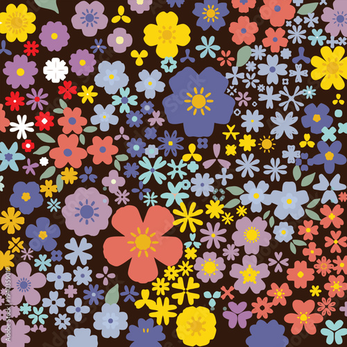Many wild flowers and leafs flowers pattern background decor.

