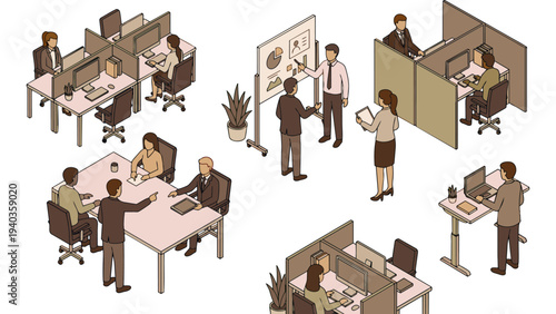 Isometric illustration of business people working in a modern open plan corporate office.