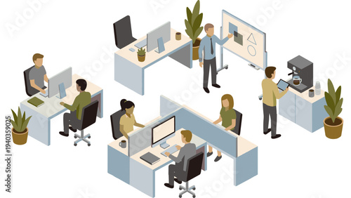 Isometric illustration of business people working in a modern open plan corporate office.