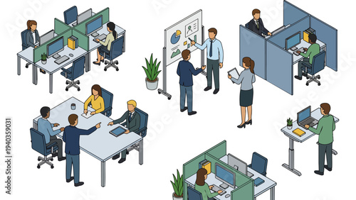 Isometric illustration of business people working in a modern open plan corporate office.