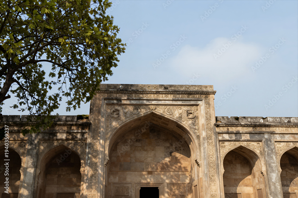 Obraz premium Historic Stone Mosque with Arched Entrance and Intricate Carvings under Clear Blue Sky Framed by Lush Green Tree Branches