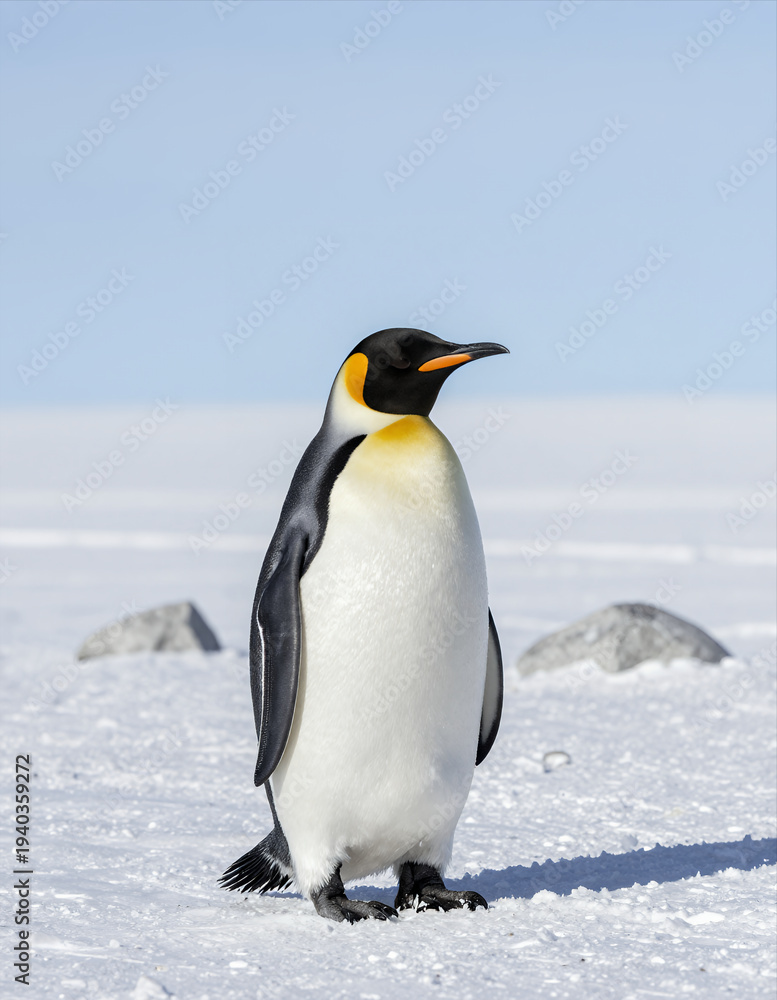 Obraz premium King Penguin Standing on Snowy Ground in Antarctic Landscape with Clear Blue Sky and Distant Rocks Natural Wildlife Photography