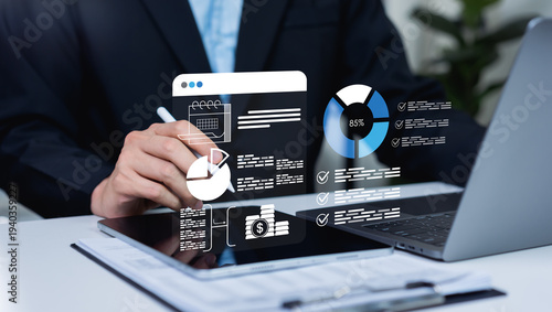 Canvas Print Businessman uses a digital checklist to manage budgeting and accounting activities, ensuring financial accuracy, compliance, and effective business management through organized workflow control