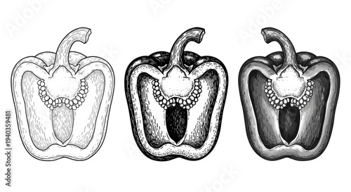 Three cross-sections of bell peppers in different artistic styles, showcasing seeds and internal structure