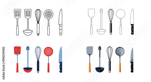 Collection of kitchen utensils in different styles and colors for cooking and baking needs