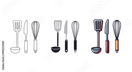 Set of kitchen utensils including a spatula, knife, and whisk, presented in three distinct styles
