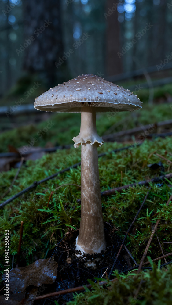 Fototapeta premium Mushroom Growing in Mossy Forest Floor with Soft Natural Lighting and Blurred Tree Background for Nature Photography or Ecological Design Projects