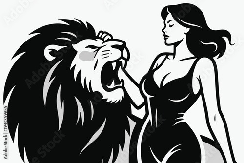 Confident woman in dress with hand on roaring lion’s mane, black and white stylized illustration symbolizing strength, control, and harmony between human and beast.