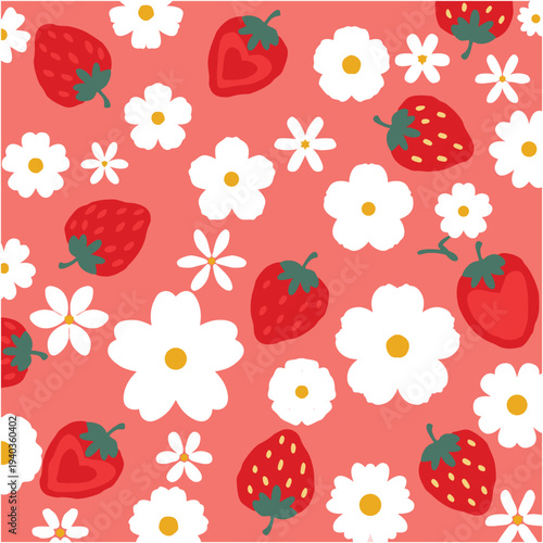 Strawberry Floral Pattern, Cute Fruit And Flower Seamless Design, Sweet Spring Background.
