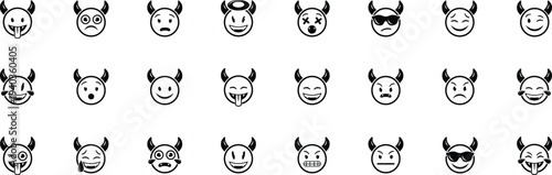Devil emoji icon set with playful horned faces and varied expressions. Cute cartoon demon characters ideal for chat stickers, gaming graphics, and social media reactions. Clean vector emoji collection
