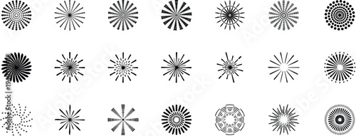 Sunburst radial icon set for modern graphic design. Abstract starburst and circular ray shapes ideal for logo accents, poster highlights, and decorative backgrounds. Clean vector burst elements 