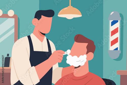 Barber in dark apron applying shaving cream with brush to client in red shirt, barbershop interior with mirror, counter lights, and classic striped barber pole.