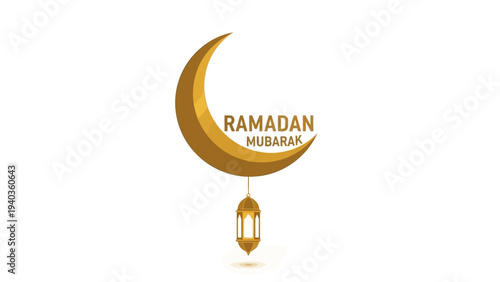 A golden crescent moon with a lantern below, symbolizing Ramadan, against a clean background, viewed directly from the front.
