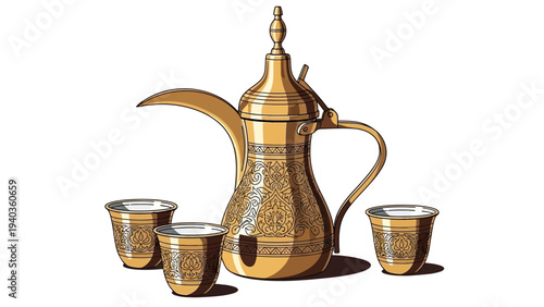 Traditional Middle Eastern coffee set with ornate teapot and cups on a white surface from a front viewpoint