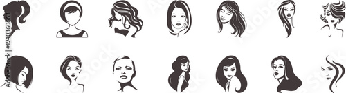 Female hairstyle avatar set in minimalist line and silhouette style. Diverse woman head icons with modern beauty illustration look. Perfect vector collection for profile design, salon branding, apps, 