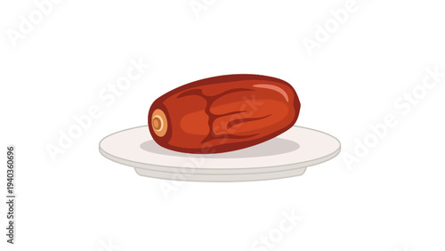 A date fruit placed on a white plate viewed from the side in a minimalist setting