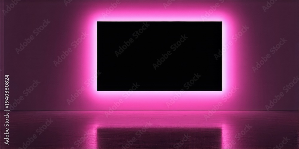 Fototapeta premium Minimalist interior. Dark room features glowing pink rectangle, reflecting on polished floor. Modern design, simple geometry.