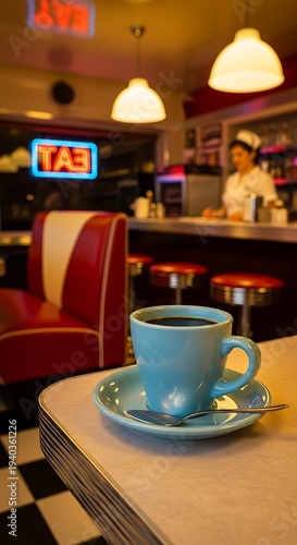 Wallpaper Mural Blue Coffee Cup in Retro Diner Setting. Torontodigital.ca