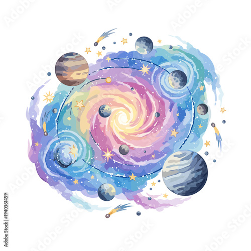 Colorful Galactic Swirl with Planets and Orbs.