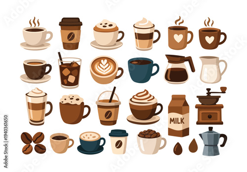 Coffee Drinks and Cups Barista Beverage Vector Set
