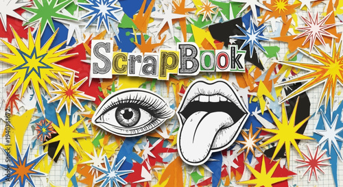 Colorful scrapbook cover with explosive design.