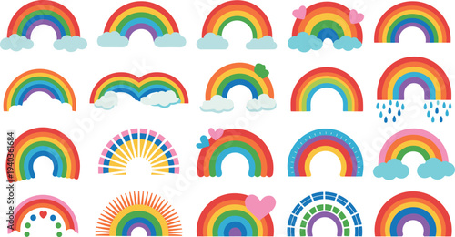 Collection of twenty stylized rainbow illustrations with clouds, hearts, raindrops, and decorative patterns, creative colorful design elements for positivity, d